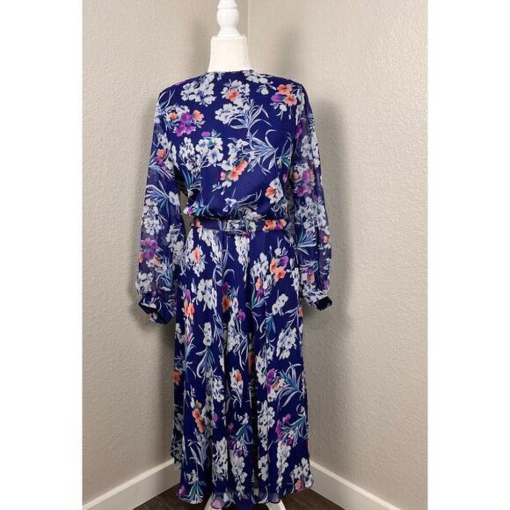 Vtg‎ Serbin Dress Womens Medium Blue Floral Belted Modest Garden Party USA Made